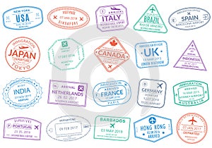 Passport stamp set. Visa stamps for travel. International airport sign. Immigration, arrival and departure symbols